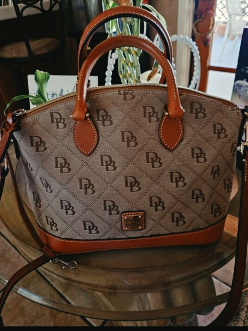 Dooney & Bourke 2-Way Tan Leather DB Logo Satchel Detachable Strap